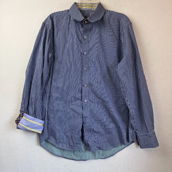 Robert Graham Shirt Mens Large Cotton Stripe Flip Cuff   button up blue yellow - Picture 1 of 8